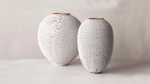 handmade French ceramic vases, with a Galuchat crackle glaze, crafted by Karen Swami, artisan pieces blend naked clay texture, with fine French pottery design, collectible ceramic art