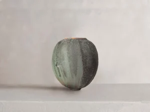hand-thrown French pottery vase by Karen Swami, featuring a unique Galuchat crackle, finish in natural green tones, handmade ceramic piece, perfect addition to luxury ceramic home decoration, French pottery collection