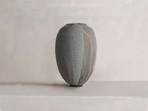 handmade ceramic vase, in turquoise tones, by French ceramist Karen Swami, featuring a Galuchat crackled texture, artisan pottery piece, ideal for luxury ceramic decoration, French ceramics