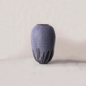 handmade ceramic vase, handmade by French ceramist, Karen Swami, features a bold crackled Galuchat texture in deep purple tones, unique piece of French ceramic art, crafted in Paris, blending luxury pottery and modern ceramic design
