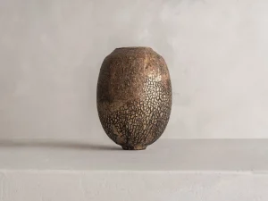handmade French ceramic vase, with a metallic Galuchat crackle finish, created by Karen Swami, in French atelier, artisan ceramic piece, combines traditional pottery techniques with a luxury ceramic look, well designed French pottery collection
