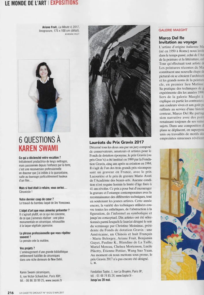 presse céramique paris 2017, interview de la céramiste karen swami dans la gazette drouot, révélant son parcours de reconversion artistique, ses inspirations, projets liés à la poterie contemporaine, à l’art céramique d’aujourd’hui à paris