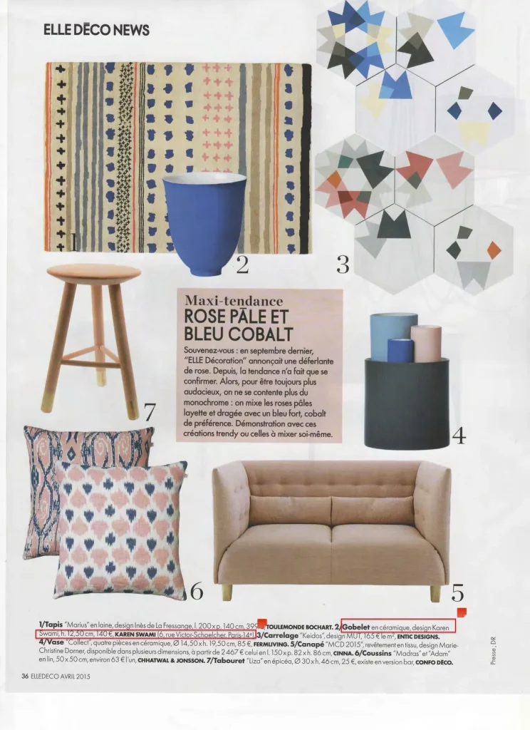 Presse céramique contemporaine à Paris, gobelet en céramique design Karen Swami, fait main en bleu cobalt, une création parisienne, présentée dans ELLE Décoration, tendance artisanale 2015
