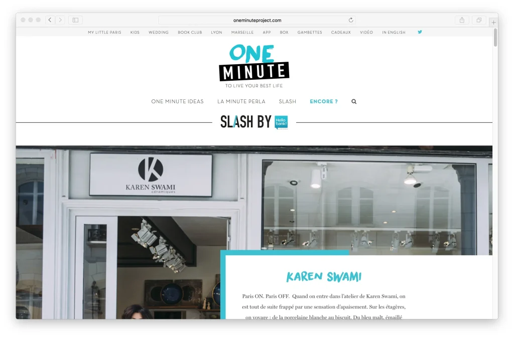 presse céramique contemporaine, devanture de l’atelier galerie, de la céramiste karen swami à paris, mise en avant dans le projet one minute de my little paris, soulignant une création parisienne artisanale, apaisante au cœur du design d’aujourd’hui