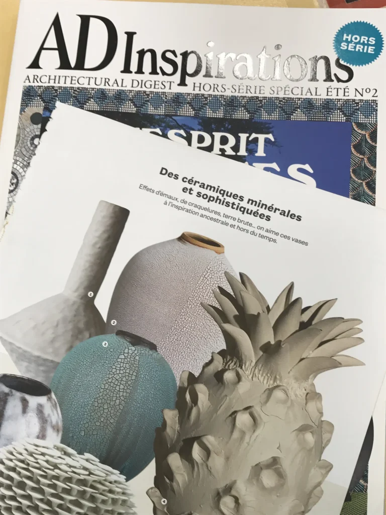 press review pottery, ceramics by karen swami in ad inspirations special edition, mineral vases with crackled glaze, contemporary stoneware, handmade, parisian creation, art pottery 2017