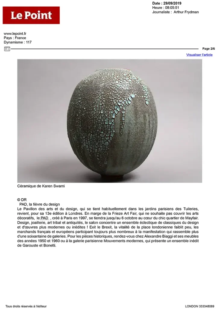 press art ceramics, crackled and gilded stoneware vases signed by karen swami, exhibited at pad london 2019, showcasing handmade contemporary french ceramics, between ancestral know-how and parisian creation