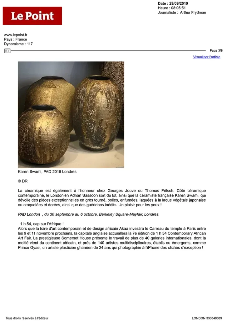 press art ceramics, crackled and gilded stoneware vases signed by karen swami, exhibited at pad london 2019, showcasing handmade contemporary french ceramics, between ancestral know-how and parisian creation