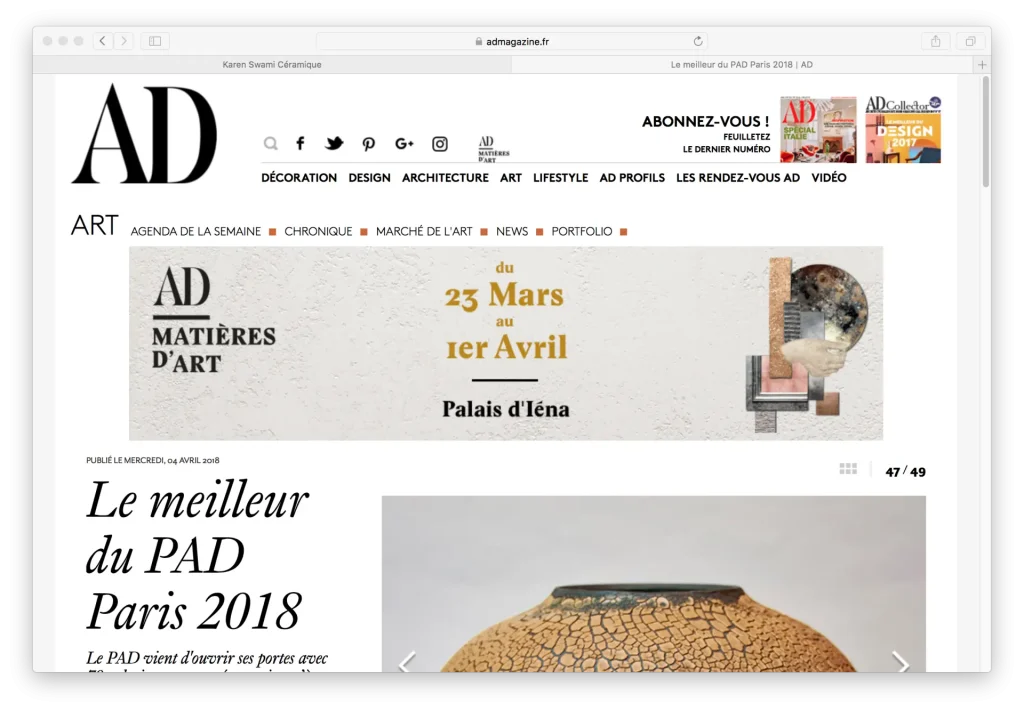 press exhibition, parisian creation by ceramist karen swami,piece in grogged stoneware presented at pad paris 2018, highlighting art, handmade craftsmanship, and contemporary mineral aesthetics