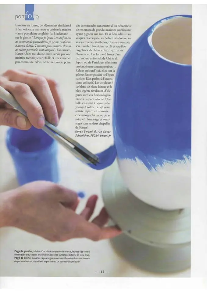 press contemporary ceramics, contemporary ceramics in paris, ceramist karen swami shapes unique handmade pieces, between tradition and design, a parisian creation in stoneware, pigments and pure forms, featured in côté paris in 2015