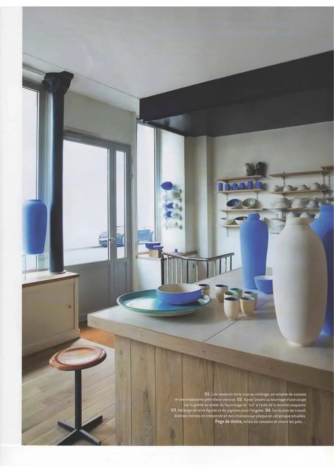 press contemporary ceramics, contemporary ceramics in paris, ceramist karen swami shapes unique handmade pieces, between tradition and design, a parisian creation in stoneware, pigments and pure forms, featured in côté paris in 2015