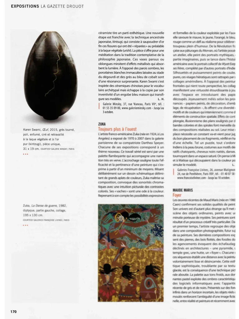 press article ceramics, turned smoked and polished stoneware egg, creation by karen swami, unique piece, kintsugi with plant-based lacquer and gold, galerie minsky paris, art pottery, handmade, parisian creation 2015