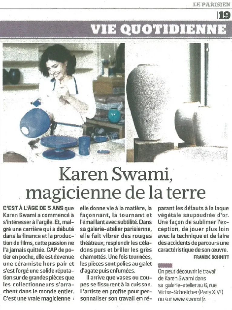 press ceramics, karen swami magician of the earth, article in le parisien, paris studio, thrown and polished grogged stoneware, celadon and château reds, parisian creation, handmade, contemporary art pottery