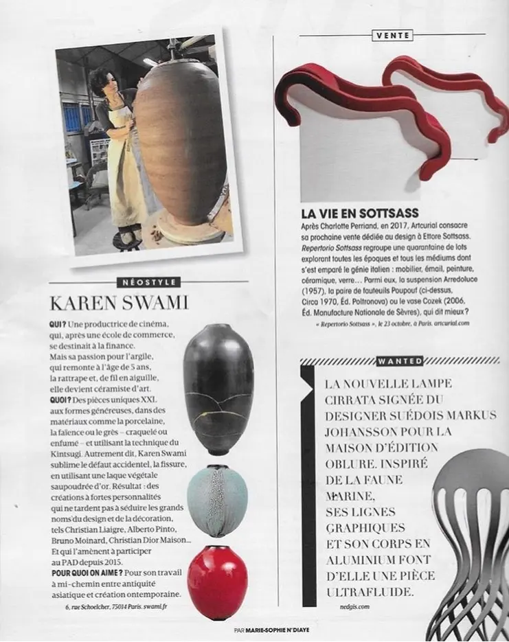 press contemporary ceramics, portrait of ceramist karen swami working in her paris studio, surrounded by creations in stoneware and earthenware with generous forms, illustrating mastery of kintsugi and wabi-sabi aesthetics
