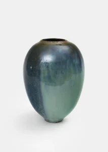 Handmade stoneware vase with blue-green glaze, unique piece with organic texture and subtle gold lustre finish