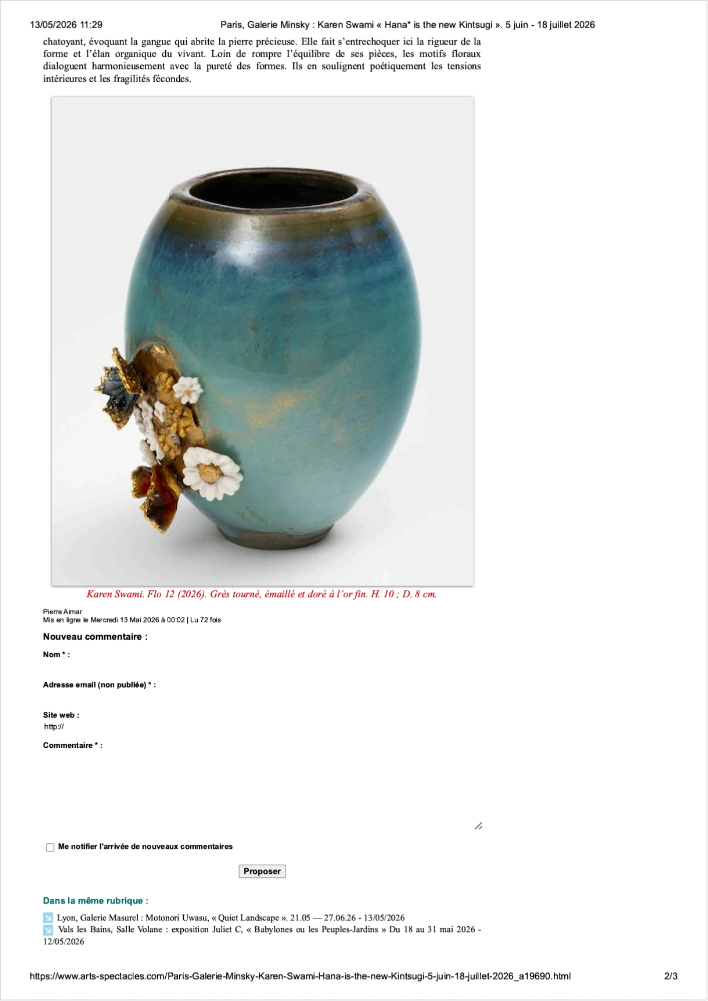 Vase en grès émaillé et doré à l’or fin de Karen Swami, présenté dans l’exposition « Hana is the new Kintsugi » à la Galerie Minsky.
