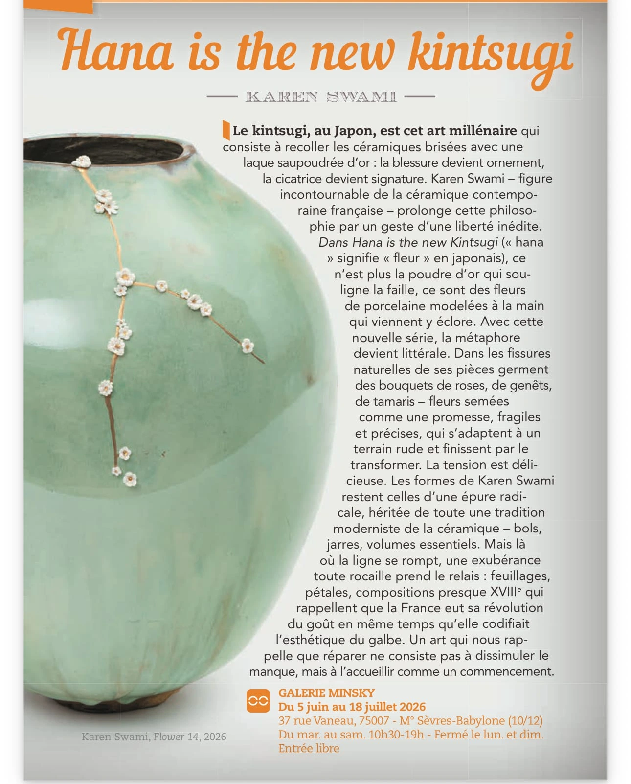 Affiche de l’exposition « Hana is the New Kintsugi » de Karen Swami à la Galerie Minsky à Paris, présentant une œuvre en céramique inspirée du kintsugi japonais.
