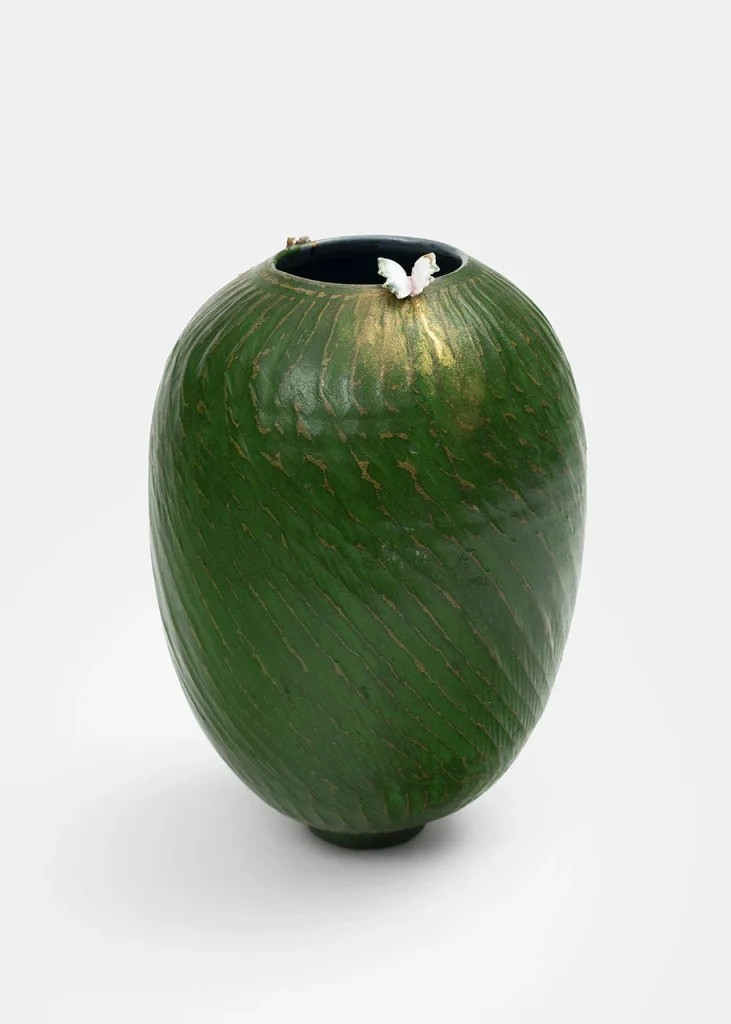 Emerald green and gold contemporary ceramic vase by Karen Swami.