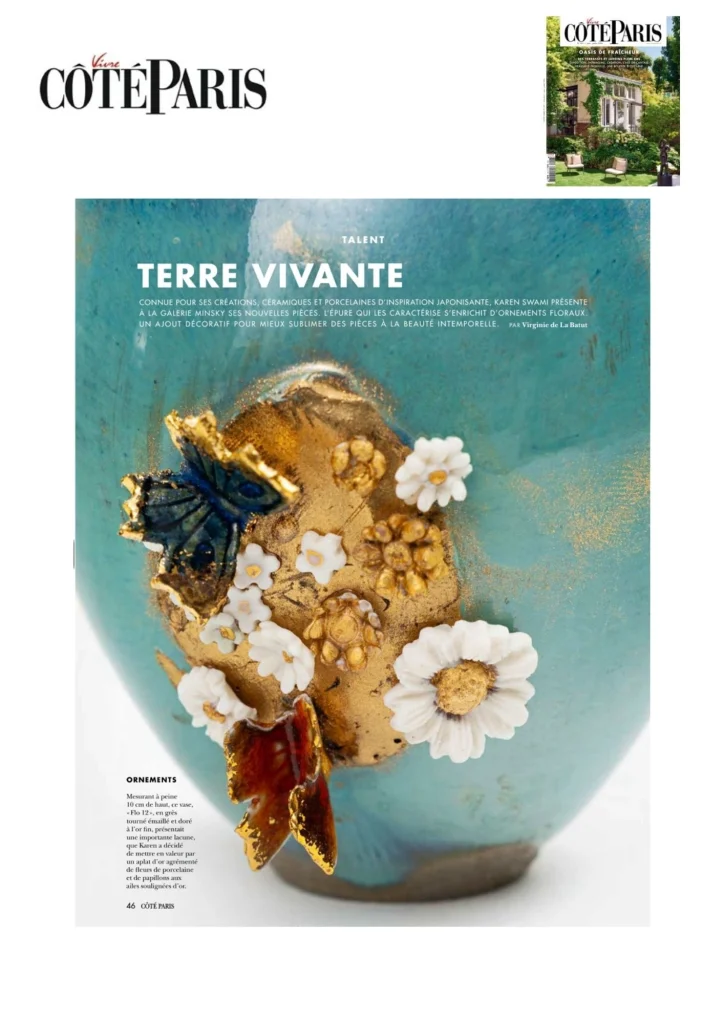 Article de Côté Paris consacré à l'exposition « Hana is the New Kintsugi » de Karen Swami à la Galerie Minsky à Paris, présentant vases, bols et céramiques inspirés du kintsugi et de la laque végétale japonaise.
