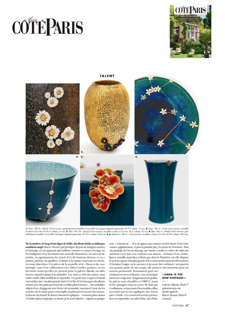 Article « Terre Vivante » publié dans Côté Paris présentant les créations en céramique contemporaine de Karen Swami, inspirées du kintsugi japonais et ornées de fleurs en porcelaine.