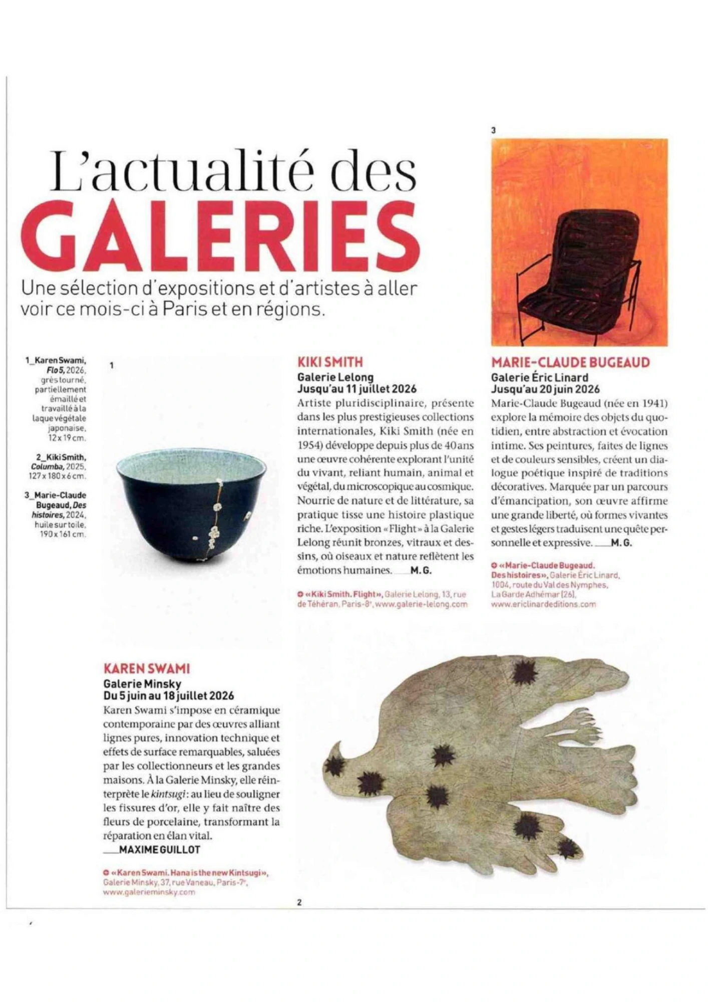 Article de la revue L’Œil présentant l’exposition « Hana is the New Kintsugi » de Karen Swami à la Galerie Minsky, avec une œuvre en céramique inspirée du kintsugi et de la laque végétale japonaise.