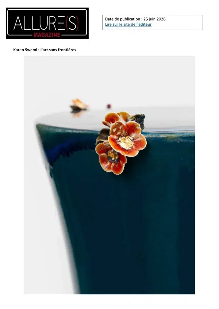 Article d'Allures Magazine consacré à Karen Swami, céramiste française, présentant ses créations contemporaines inspirées du kintsugi et de la métamorphose.