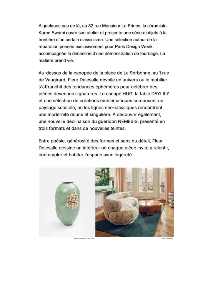 Extrait de l'article Paris Design Week 2026 présentant l'atelier de Karen Swami, céramiste contemporaine, rue Monsieur-le-Prince à Paris.