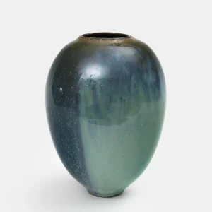 Handmade stoneware vase with blue-green glaze, unique piece with organic texture and subtle gold lustre finish