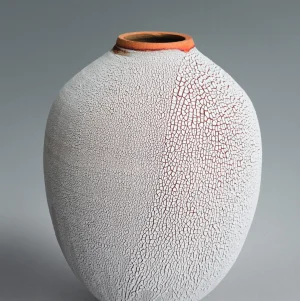 ceramic vase, featuring white crackle glaze over warm terracotta, handcrafted, modern elegance and subtle contrast to any refined space, made in France