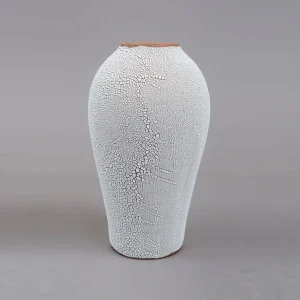 elegant ceramic vase, with flowing crackle glaze on soft white, minimal art object, blends sculptural beauty with organic surface texture, luxury gift, made in Paris