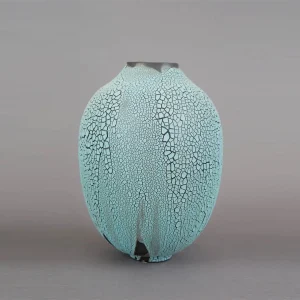 ceramic vase, striking studio pottery piece in icy blue crackle glaze, contemporary ceramic vessel, luxury collectible for modern art lovers, made bu French artist Karen Swami